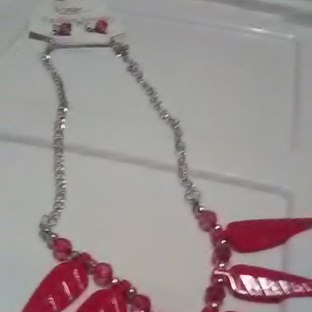 Pink Leaves Necklace and Droplet Earrings